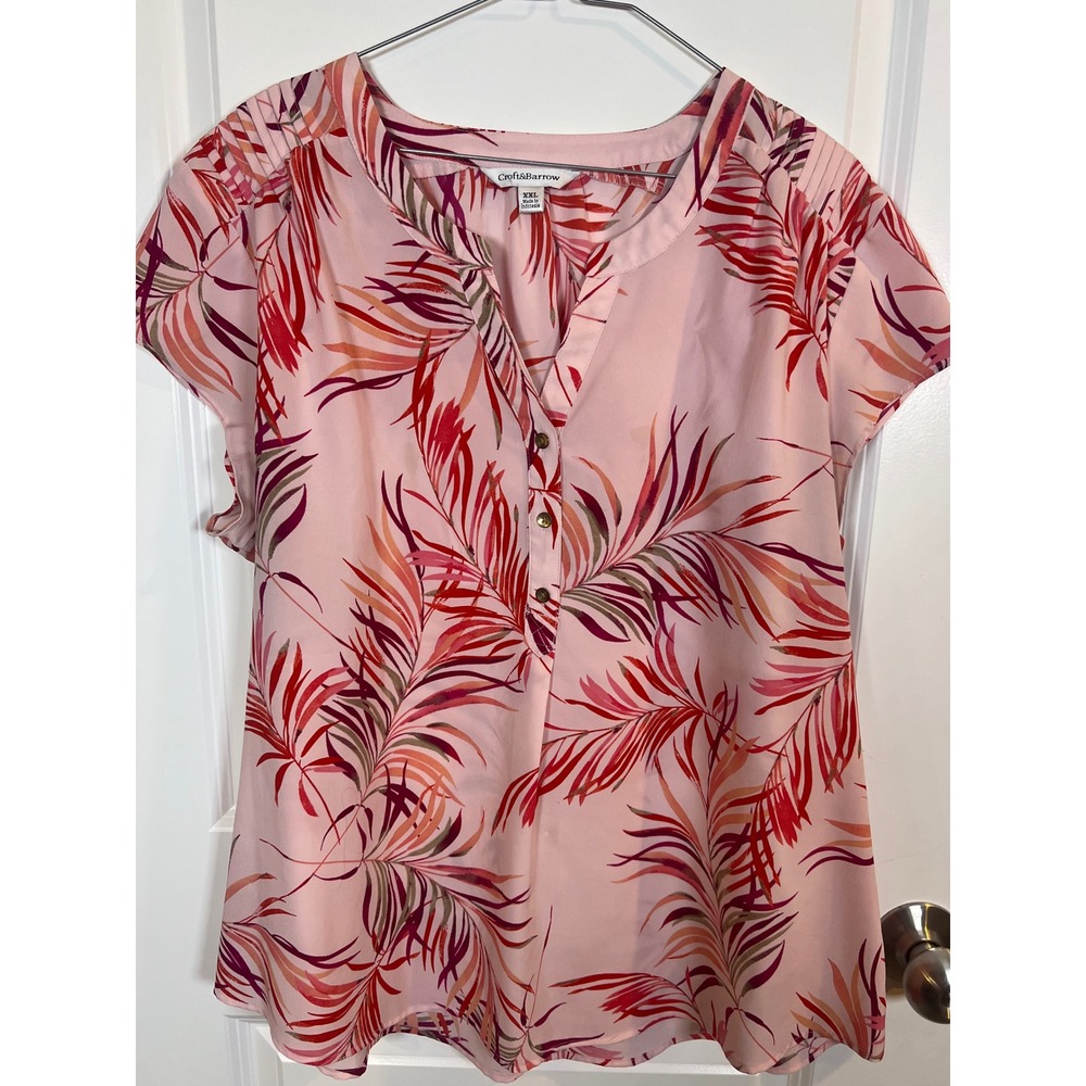 Croft & Barrow Womens Blouse Tropical Palm Leaf Print Pink XXL